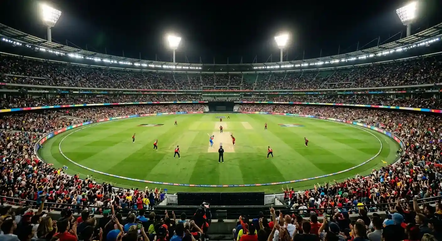 Floodlit Twenty20 cricket stadium packed with spectators during an evening match