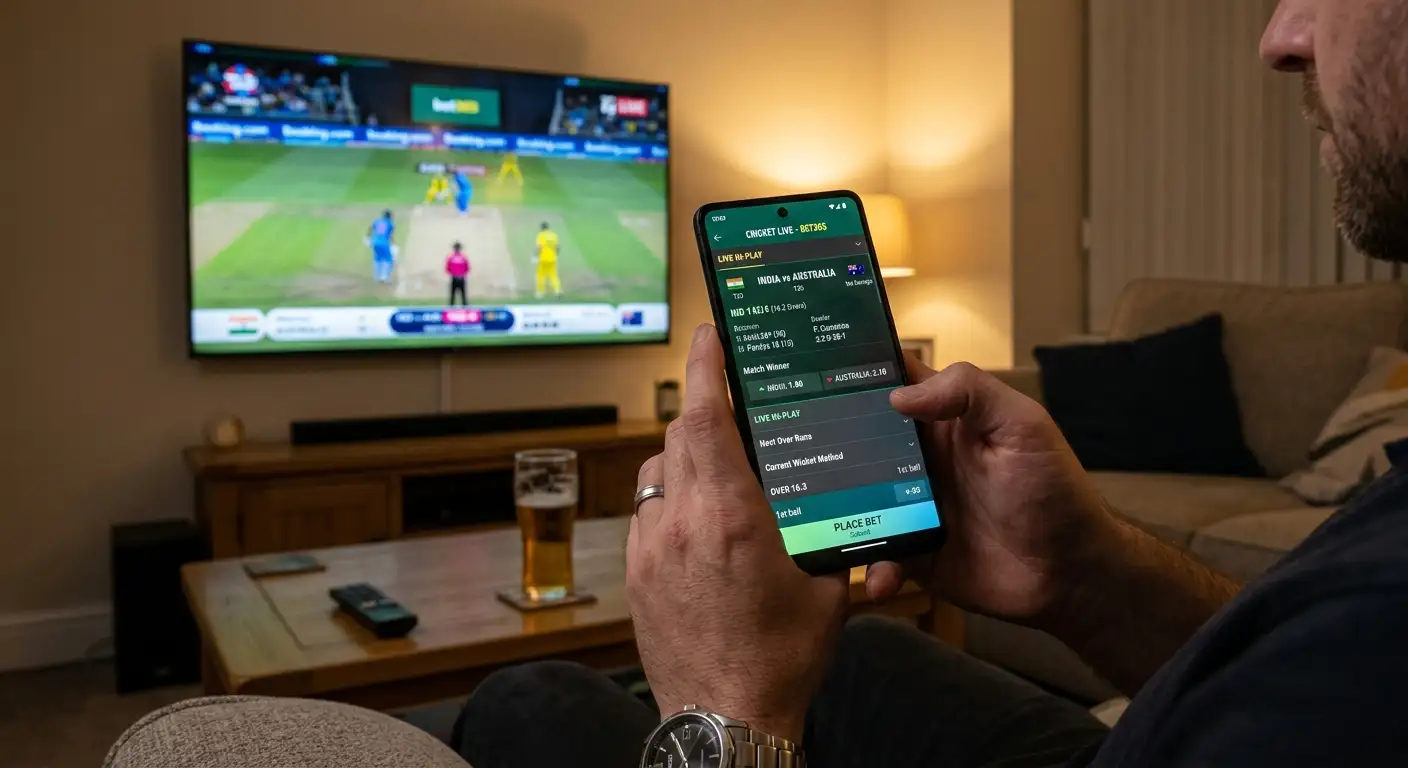 Hand holding a smartphone with a live cricket in-play betting screen during a match